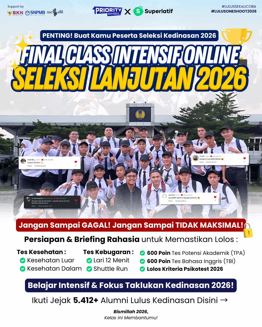 Poster Kelas Lanjutan Seleksi Lanjutan 2026 oleh Priority Bimbel x Superlatif
